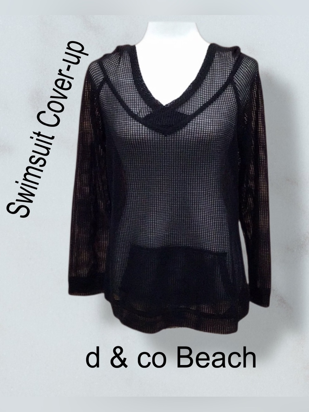 d & co‎ Beach Black Mesh Hooded Swimsuit Cover-Up Size Small